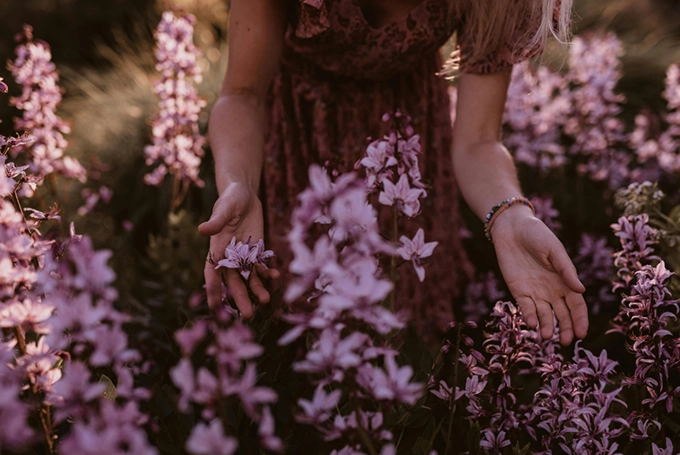 Foto mostrando um campo de flores roxas e uma mulher ao centro, o recorte foca nas mão da mulher e não mostra o seu rosto.